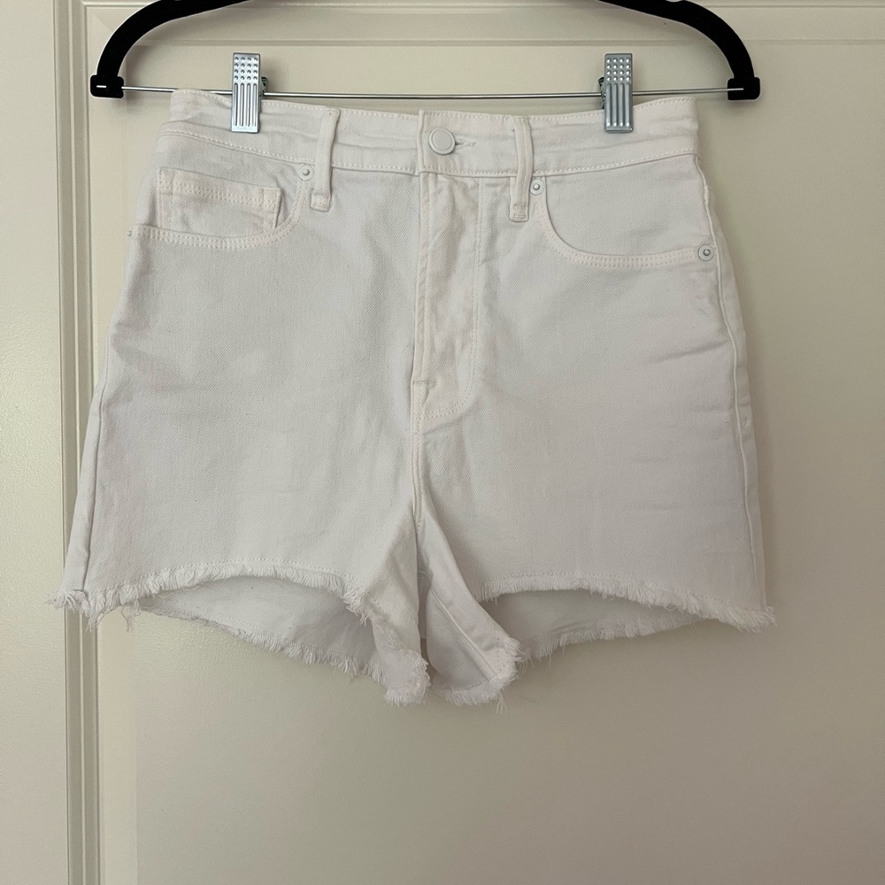 Good American White Jean Shorts High-Waisted Frayed Hem